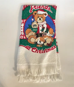 Vintage Cannon Friends at Christmas Bathroom Hand Towel Bear Cat Dog Duck NOS - Picture 1 of 4