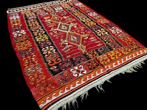 Antigua alfombra colorida Kilim decorativa de lana de Anatolia geométrica roja diamante 5’x7’ - Imagen 1 de 16