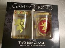 Game of Thrones 16oz Pint Tall Glass Cups 2 Set HBO Gold Rims Lannister Lion