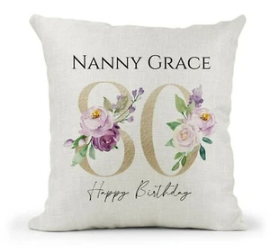 Personalised 80th Birthday Cushion.Gold Purple Floral Mum Nan Friend Aunt Gift - Picture 1 of 4