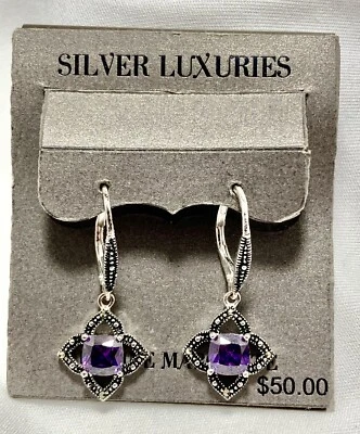 Pendientes de plata de lujo de marcasita con palanca trasera piedra púrpura Foto 1 de 4