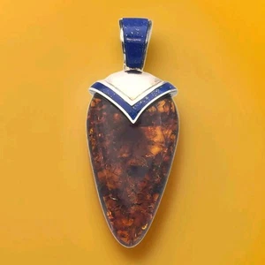 Jay King DTR Sterling Large Natural Amber Inlay Lapis Pendant Angular Streamline - Picture 1 of 10