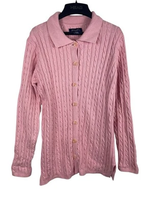 Cárdigan suéter vintage Denim & Co para mujer pequeño rosa tejido con cable cuello abotonado Foto 1 de 4