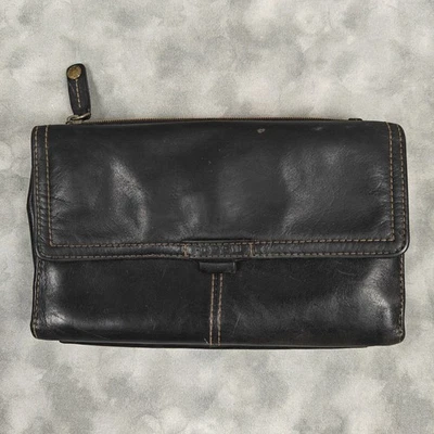 复古 Fossil 黑色皮革 8 英寸三折钱包腕带离合器收纳盒 💼 — 第 1/4 张图片