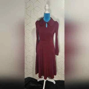 Womens retro collar long sleeve Vintage Style Wine Knee Length Dress EXTRA SMALL - Picture 1 of 4