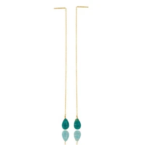Teardrop Amazonite Long Chain Threader Earrings in Gold Plated Handmade Jewelry - Picture 1 of 5