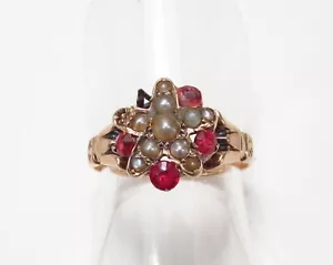 Antique Victorian Era 9K Gold Seed Pearl Red Rhinestone Cluster Ring Sz 6 As-Is - Picture 1 of 14