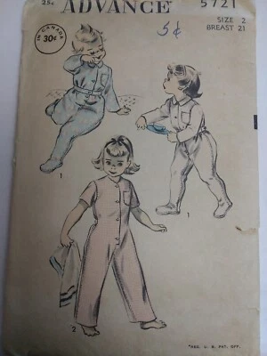 Footed Pajamas Jumper One Piece Girls 2 2T Advance 5721 Sewing Pattern VTG 50's - Image 1 of 4