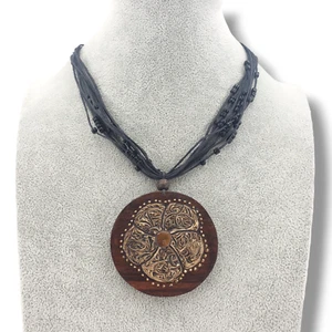 Carved Wood Floral Pendant Black Bead Coated Cotton Multi Strand Necklace - Picture 1 of 11