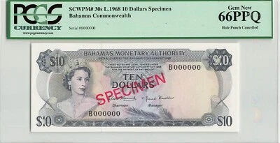 BAHAMAS $10 Dollars 1968, P-30s SPECIMEN, PCGS 66 PPQ Gem UNC Monetary Authority - Image 1 of 2