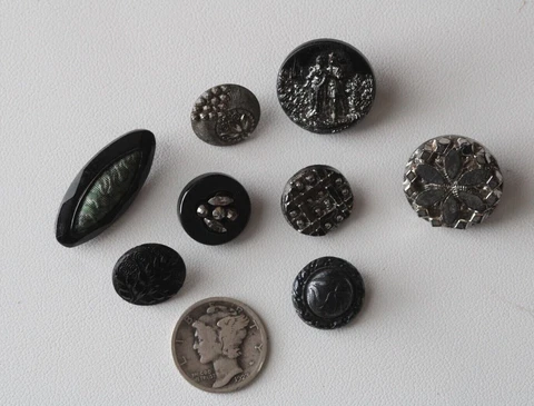 8 Antique Victorian Black Glass Exquisite Cut Steel Picture Button Lot Cover