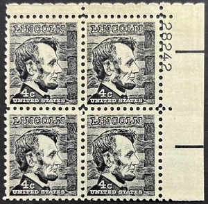 US Prom. Amer. Untagged, Scott 1282, 4c Abe Lincoln, Plate Block of 4, MNH, F-VF - Picture 1 of 2
