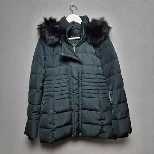 Phase Eight Down Jacket Womens Size 10 Quilted Green Hooded Faux Fur Trim - Picture 1 of 6