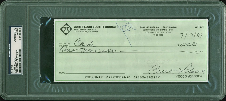 Cardinals Curt Flood Auténtico 2x Firmado 3.5x8.5 1993 Cheque PSA/DNA Losa Foto 1 de 2