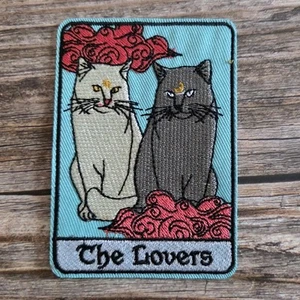 The Lovers Cat Tarot Witchy Occult Romance Love Embroidered Iron on Patch - Picture 1 of 2