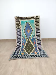 Unique Vintage Blue Abstract Geometric Area Rug 3x6 Moroccan Handmade Cotton Rug - Picture 1 of 8