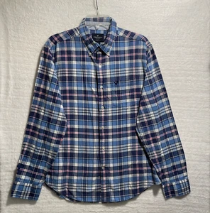 American Eagle Button Shirt Mens Large Classic Fit Blue Pink Plaid Check Long Sv - Picture 1 of 8