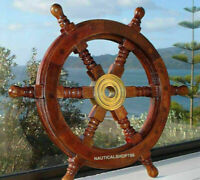 18" Brass Wooden Style Ship Wheel For Nautical Pirate Themed Home Decor