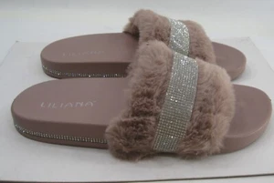 LILIANA PINK SILVER Slip On slipper furry OPEN TOE Sandals women Size 9 - Picture 1 of 5