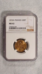 1874A FRANCE NGC MS62 TWENTY FRANCS GOLD G20F Coin PRICED TO SELL! - Picture 1 of 4