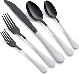 20-Piece Black Silverware Set 18/0 Stainless Steel Flatware White Handle Cutlery - Picture 1 of 1