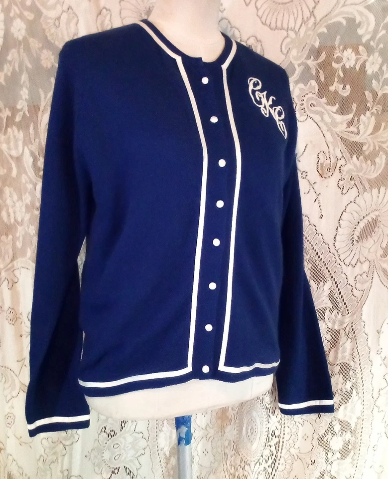 VTG 60s Hong Kong Lambswool Monogram White Satin Trim Light Cardigan Sweater M - Image 1 of 4