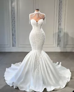 Princess Tassels Sheer Neck High Mermaid Wedding Dresses Lace Applique Gowns - Picture 1 of 8