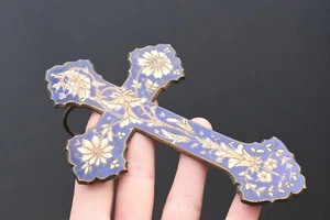 ⭐ antique enamelled bronze crucifix, flower motif⭐ - Picture 1 of 6