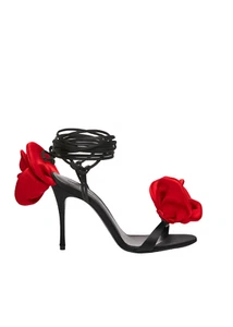 MAGDA BUTRYM $1340 Black/Red Satin Double Flower 105mm Strappy Sandals New - Picture 1 of 4