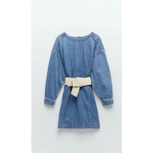 ZARA BLUE MINI DENIM DRESS WITH CONTRASTING BELT, HIDDEN BACK ZIP SIZE S BNWT - Picture 1 of 2