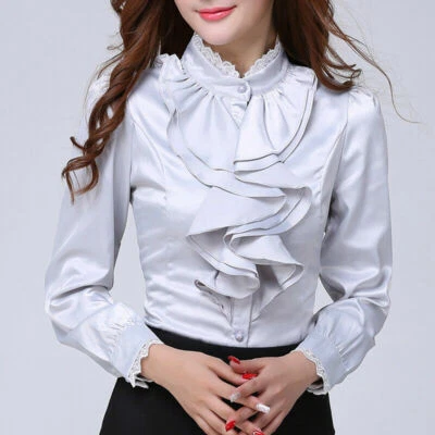 Ladies Ruffled Silky Shirt Lace Trim Satin Business Blouse Button Down Lolita - Image 1 of 4