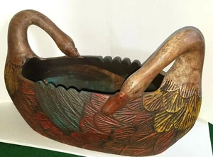 LARGE VINTAGE WOOD TREEN CARVED DOUBLE SWAN NECK EGG PANTRY BASKET 18"x10"x8.5" - Picture 1 of 11