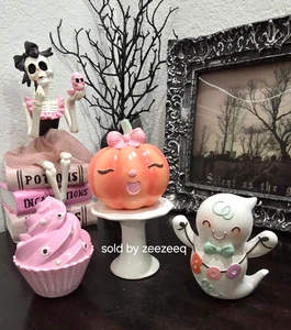 Ghoulish Halloween Mini Cupcake Ghost Pumpkin Resin Figurines Tier Tray 3pc - Picture 1 of 8