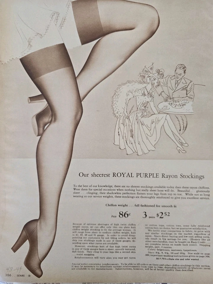 Medias de rayón Royal Purple 1943 para mujer medias piernas catálogo vintage anuncio Foto 1 de 1