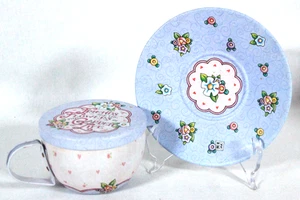 MICHEL 2000 VTG MARY ENGELBREIT TIN FLORAL TEACUP W/ LID & SAUCER NEW NO BOX - Picture 1 of 8