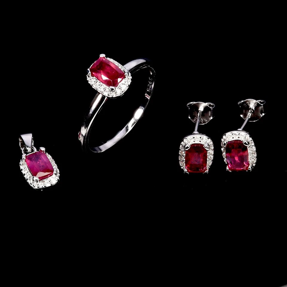 925 Argento Sterling Set Ciondolo Orecchini Anello Antico Ruby 6x4mm Gemma Sz 8 - Immagine 1 di 4