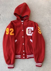 Giacca vintage Letterman Varsity taglia 38 con cappuccio lana trojan guardia anni 90 fascia - Foto 1 di 12