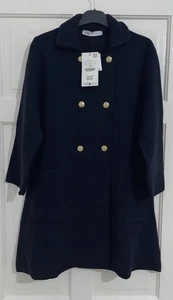 ZARA NAVY BLUE LAPEL COLLAR DOUBLE-BREASTED GOLD BUTTONED KNIT COAT SIZE L BNWT - Picture 1 of 10