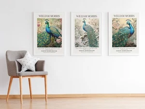 Set of 3 William Morris Peacock Cotton Prints Exhibition Botanical Posters - Picture 1 of 9