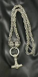Ancient Treasures Stainless Steel Wolf Head Chain with Mjolnir - Picture 1 of 5
