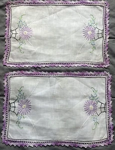 2 Vintage Linen Tray Liners / Handkerchiefs Purple Floral Embroidered - Picture 1 of 3