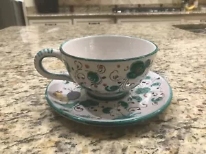 Italienische Keramik ~ handbemalter Hahn & Blumen Kaffee Teetasse & Untertasse ~ signiert - Bild 1 von 12
