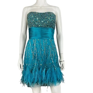 Jovani Kleid Damen 10 blau Perlen Federn trägerlos Abschlussball Cocktail Tanz Party - Bild 1 von 9