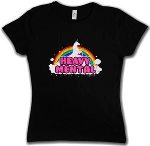 HEAVY MENTAL DAMEN T-SHIRT Rainbow Regenbogen Metal Unicorn Einhorn Music Black - Picture 1 of 2