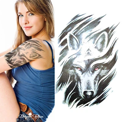 DELUSION TATTOOS Tatuaggio Temporaneo Lupo Occhi Rossi - Trasferimento Impermeabile Realistico Uomo Donna Bambini