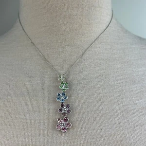Silver Tone Rhinestone Flower Stack Pendant Necklace PC Signed Spring Easter - Picture 1 of 8