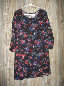 OLD NAVY XL 14 Girls Black Floral Print 3/4 Keyhole Back Dress Boho Cottage Core - Picture 1 of 9