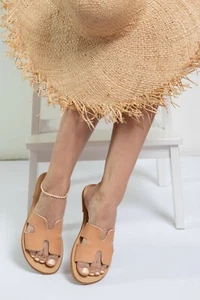 Sandali antiscivolo stile greco antico beige naturale beige piatti in vera pelle h fatti a mano - Foto 1 di 5