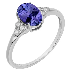 14k Solid White Gold Oval Natural Tanzanite & Diamond Birthstone Ring - Picture 1 of 6