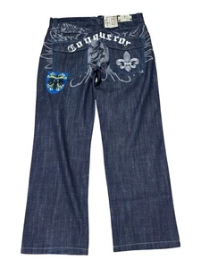 Raw Blue Jeans Herren 38x32 Denim bestickt Verzierung Cross Baggy Y2K Vintage Neu mit Etikett - Bild 1 von 20